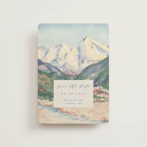 This is a summer petite save the dates with standard by Petra Kern called the valley printing on signature in petite