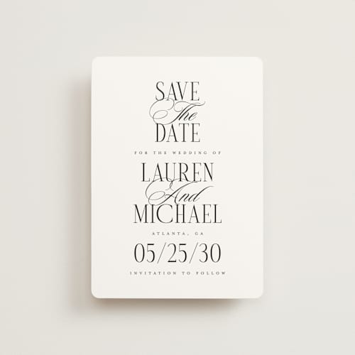 This is a obsidian petite save the dates with standard by Jennifer Postorino called stacked type printing on signature in petite