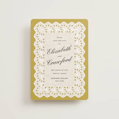 This is a citrine petite save the dates with standard by Olivia Kanaley Inman called eyelet printing on signature in petite
