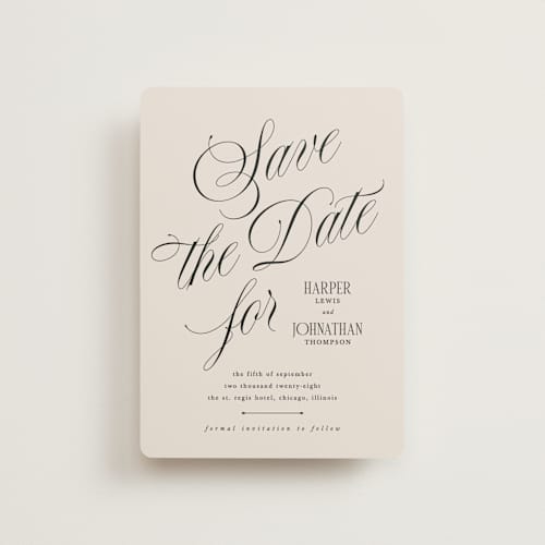 This is a linen petite save the dates with standard by Kate Ahn called mirin printing on signature in petite