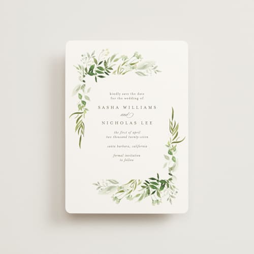 This is a garden petite save the dates with standard by Leah Bisch called verdure printing on signature in petite