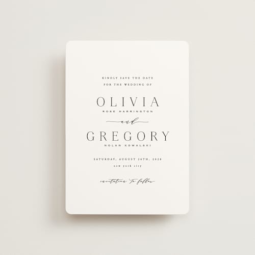 This is a lily petite save the dates with standard by Hooray Creative called classy type printing on signature in petite
