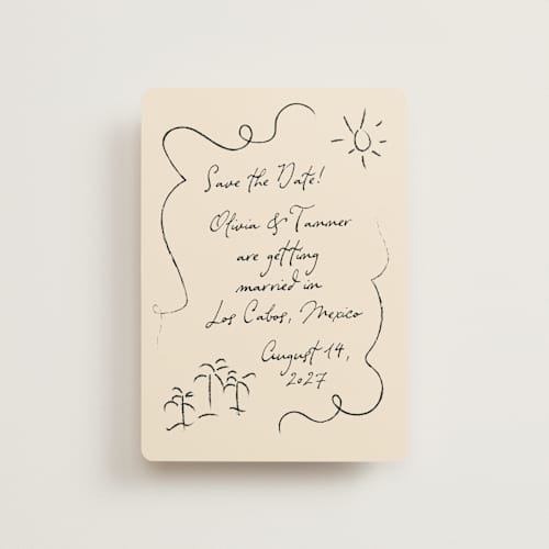 This is a sand petite save the dates with standard by Ashley Iwafuchi called sunny love printing on signature in petite