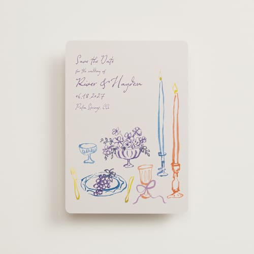 This is a hydrangea petite save the dates with standard by Cass Loh called tablescape drawing printing on signature in petite