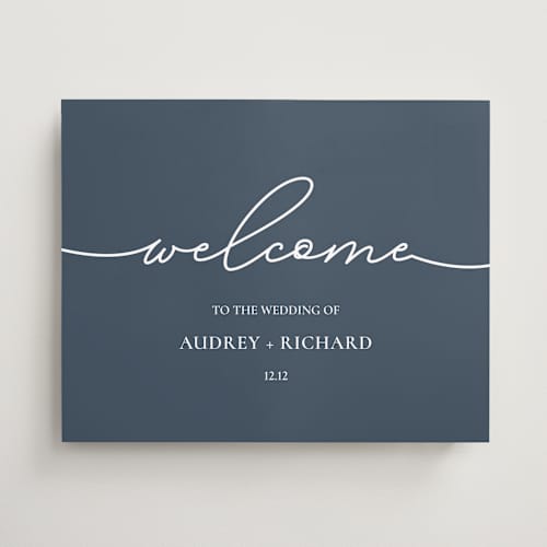 This is a navy wedding signs with standard by Huefete called luxury printing on premium sign board in 16x20
