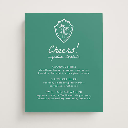This is a palm wedding signs with standard by Erika Firm called palm tree crest printing on doublethick in 11x14