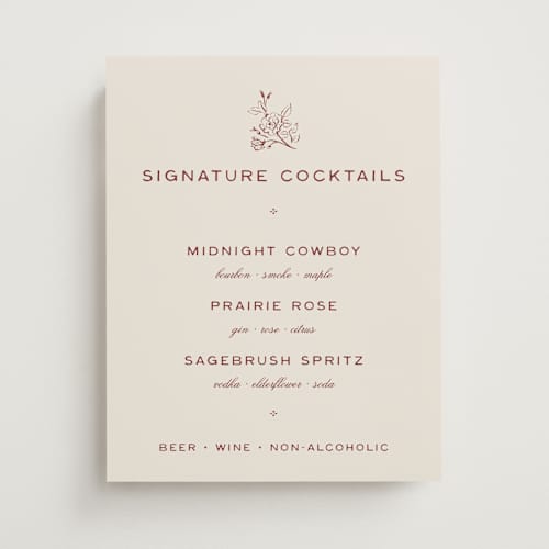 This is a rust wedding signs with standard by Ani Somi called rose ink printing on doublethick in 11x14