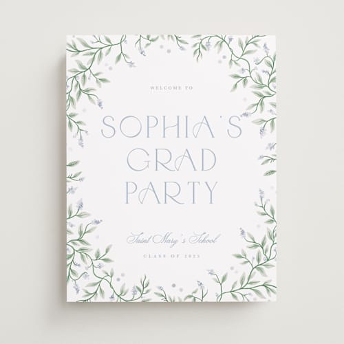 This is a periwinkle graduation party decorations with standard by Kristen Smith called wisteria printing on premium sign board in 11x14