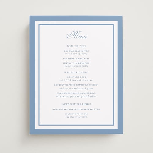 This is a provincial blue wedding signs with standard by Sara Hicks Malone called preston printing on doublethick in 11x14