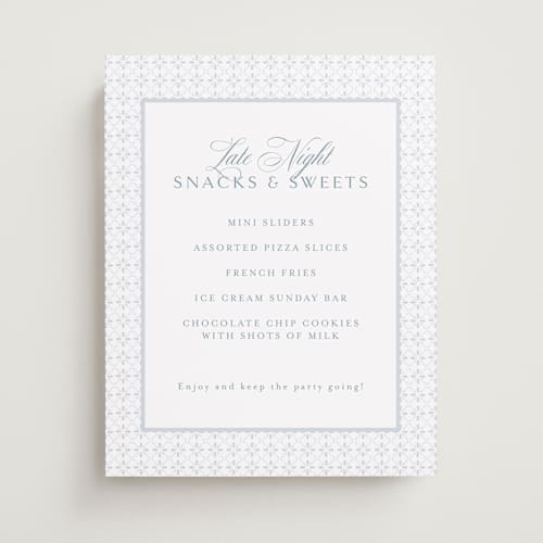 This is a dusty blue wedding signs with standard by Jennifer Postorino called coastal charm printing on doublethick in 11x14