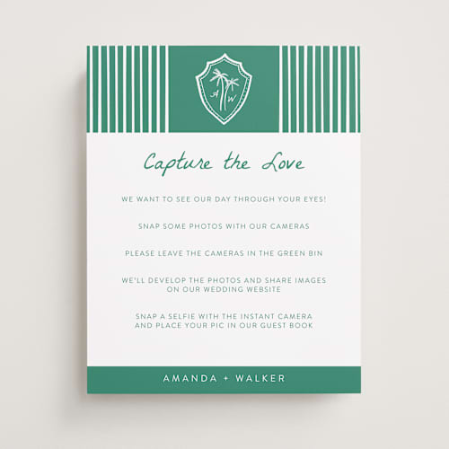 This is a palm wedding signs with standard by Erika Firm called palm tree crest printing on doublethick in 11x14