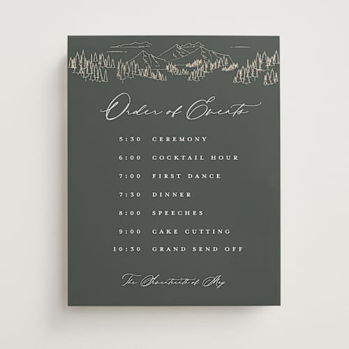 This is a hunter wedding signs with standard by Sarah Brown called peaks printing on premium sign board in 11x14