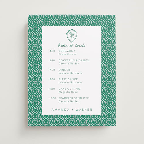 This is a palm wedding signs with standard by Erika Firm called palm tree crest printing on premium sign board in 11x14
