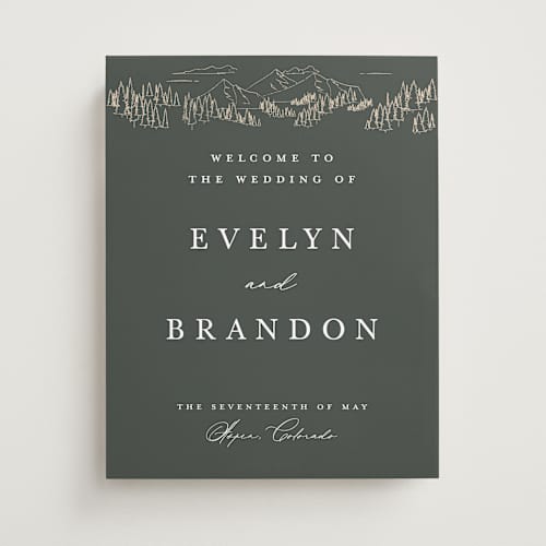 This is a hunter wedding signs with standard by Sarah Brown called peaks printing on premium sign board in 11x14