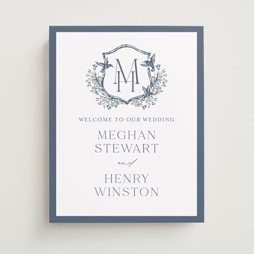 This is a provincial blue wedding signs with standard by Erin Deegan called hummingbird botanicals printing on premium sign board in 11x14