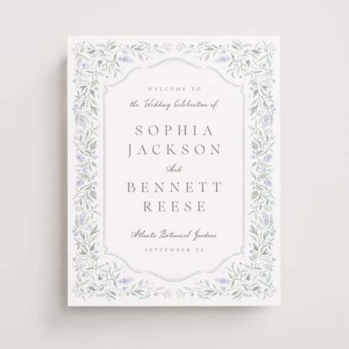 This is a periwinkle wedding signs with standard by Kristen Smith called delicate vines printing on premium sign board in 11x14