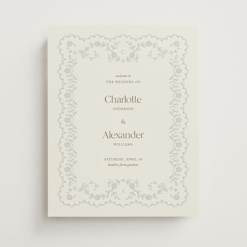 This is a powder wedding signs with standard by Sophie Owens Design called floral lace ii printing on premium sign board in 11x14