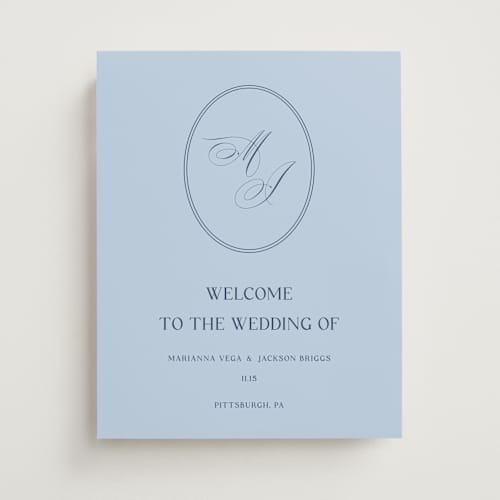 This is a dusty blue wedding signs with standard by Ilze Lucero called well stated printing on premium sign board in 11x14