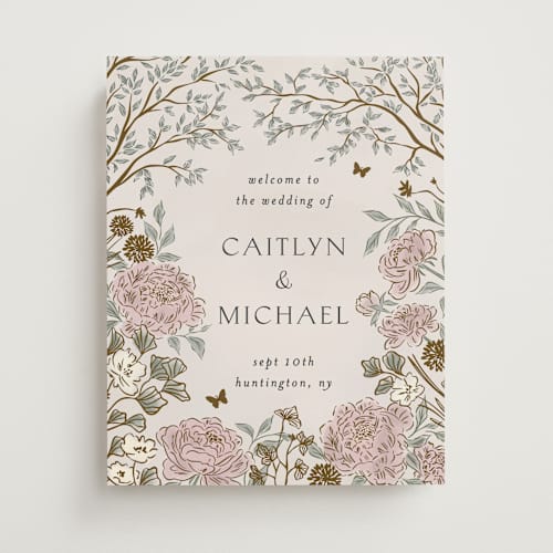 This is a blush meadow wedding signs with standard by Grae called dancing in the garden printing on premium sign board in 11x14