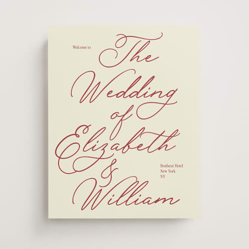 This is a burgundy wedding signs with standard by Helena Vitto called elizabeth printing on premium sign board in 11x14