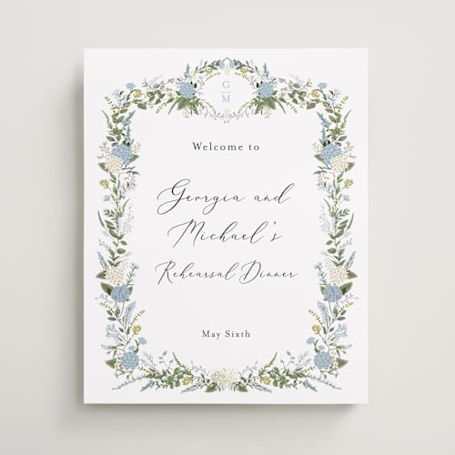 This is a coastal wedding signs with standard by Susan Moyal called hydrangea vine printing on premium sign board in medium