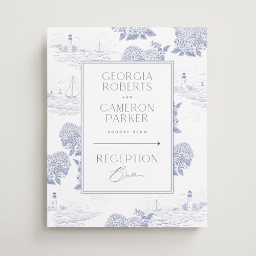 This is a periwinkle wedding signs with standard by Jenna Holcomb called coastal toile printing on premium sign board in 16x20