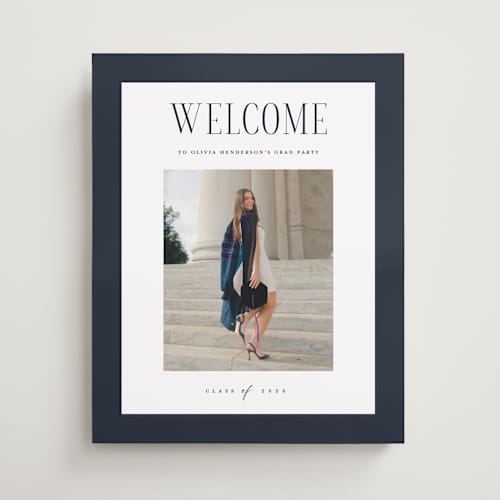 This is a navy graduation party decorations with standard by Christy Hy Lee called classic layout printing on premium sign board in 16x20