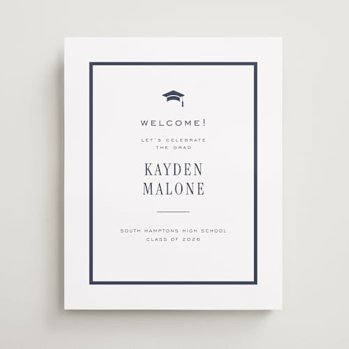 This is a navy graduation party decorations with standard by Jennifer Wick called collegiate line printing on premium sign board in 16x20