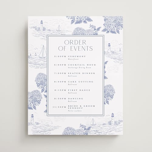 This is a periwinkle wedding signs with standard by Jenna Holcomb called coastal toile printing on premium sign board in 16x20