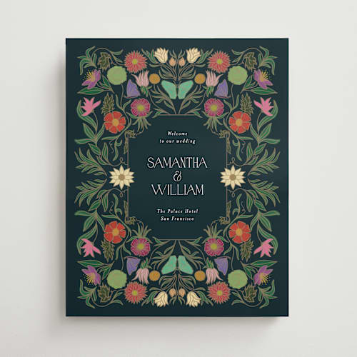 This is a midnight garden wedding signs with standard by Simona Camp called gilded tapestry printing on premium sign board in 16x20