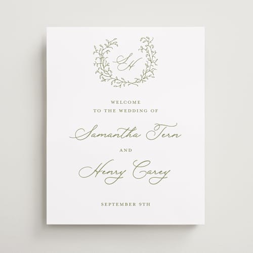 This is a pistachio wedding signs with standard by Katherine Moynagh called garden script printing on premium sign board in 16x20