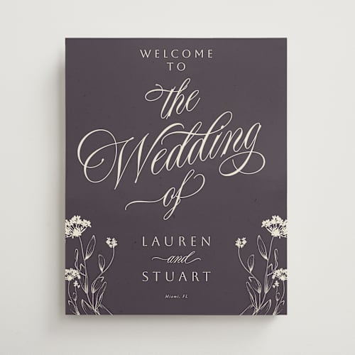 This is a lavender wedding signs with standard by Sherley Ferreira called botanical garden printing on premium sign board in 16x20