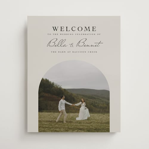 This is a champagne wedding signs with standard by Laura Hamm called arch printing on premium sign board in 16x20