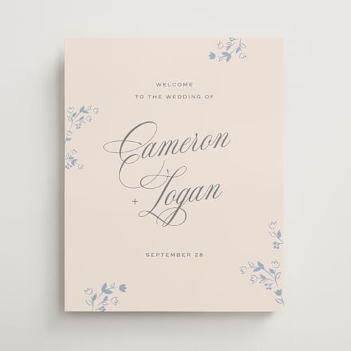 This is a sand and sky wedding signs with standard by Carolyn MacLaren called classic fleur printing on premium sign board in 16x20