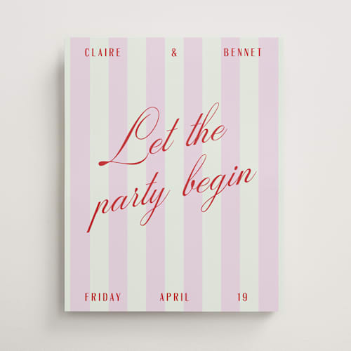 This is a sherbet wedding signs with standard by Pixel and Hank called party begins printing on premium sign board in 16x20