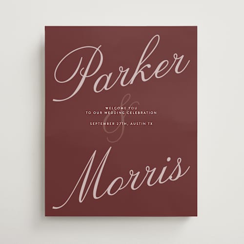 This is a burgundy wedding signs with standard by Maja Cunningham called swan lake printing on premium sign board in 16x20