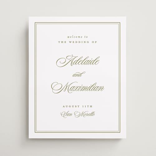 This is a olive wedding signs with standard by Ellen Schlegelmilch called museo printing on premium sign board in 16x20