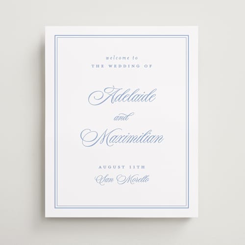 This is a periwinkle wedding signs with standard by Ellen Schlegelmilch called museo printing on premium sign board in 16x20