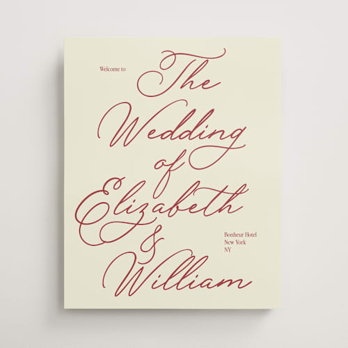 This is a burgundy wedding signs with standard by Helena Vitto called elizabeth printing on premium sign board in 16x20