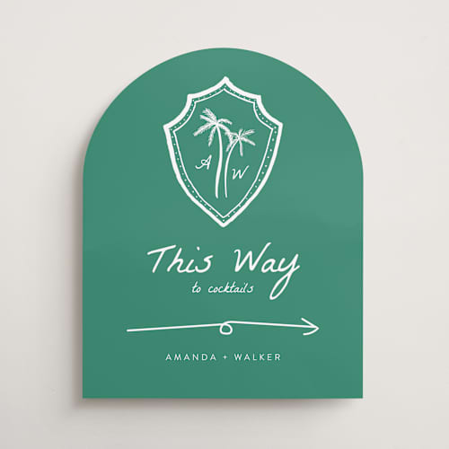 This is a palm wedding signs with standard by Erika Firm called palm tree crest printing on premium sign board in 16x20