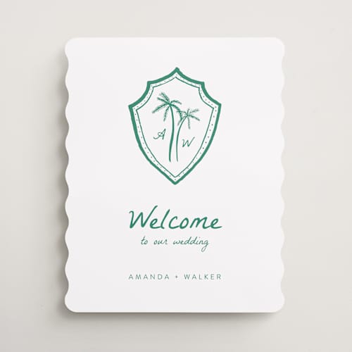 This is a palm wedding signs with standard by Erika Firm called palm tree crest printing on premium sign board in 16x20