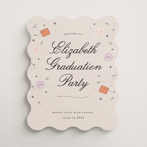 This is a apricot graduation party decorations with standard by Ashley Iwafuchi called grad vibes printing on premium sign board in 16x20
