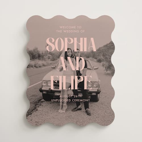 This is a blush wedding signs with standard by Morgan Kendall called cinematic printing on premium sign board in 16x20