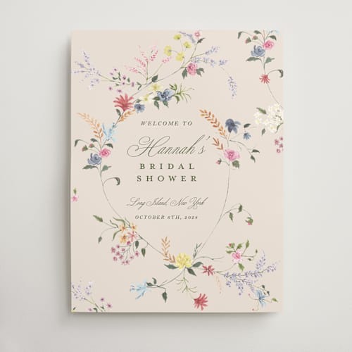 This is a english garden wedding signs with standard by Phrosné Barwood called whimsey floral printing on premium sign board in large