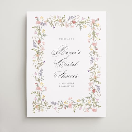 This is a blush wedding signs with standard by Lori Wemple called floral frame printing on premium sign board in 18x24