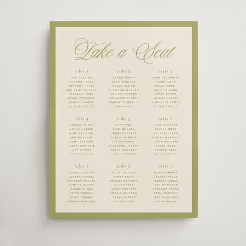 This is a olive wedding signs with standard by Ellen Schlegelmilch called rory printing on premium sign board in 18x24