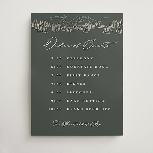 This is a hunter wedding signs with standard by Sarah Brown called peaks printing on premium sign board in 18x24