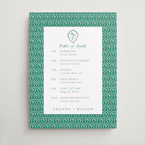 This is a palm wedding signs with standard by Erika Firm called palm tree crest printing on premium sign board in 18x24
