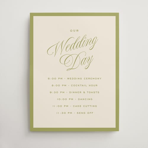 This is a olive wedding signs with standard by Ellen Schlegelmilch called rory printing on premium sign board in 18x24