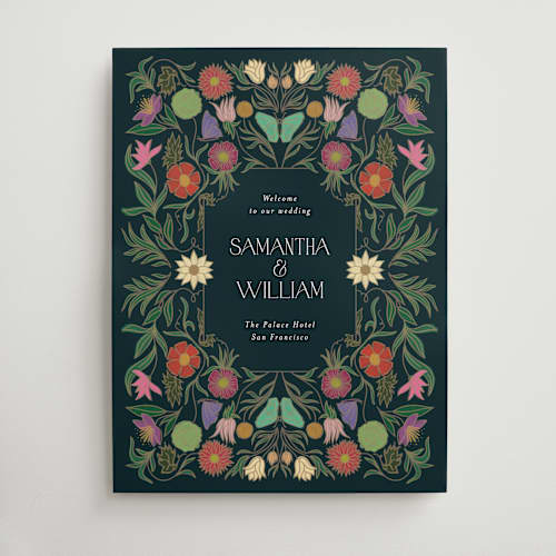 This is a midnight garden wedding signs with standard by Simona Camp called gilded tapestry printing on premium sign board in 18x24